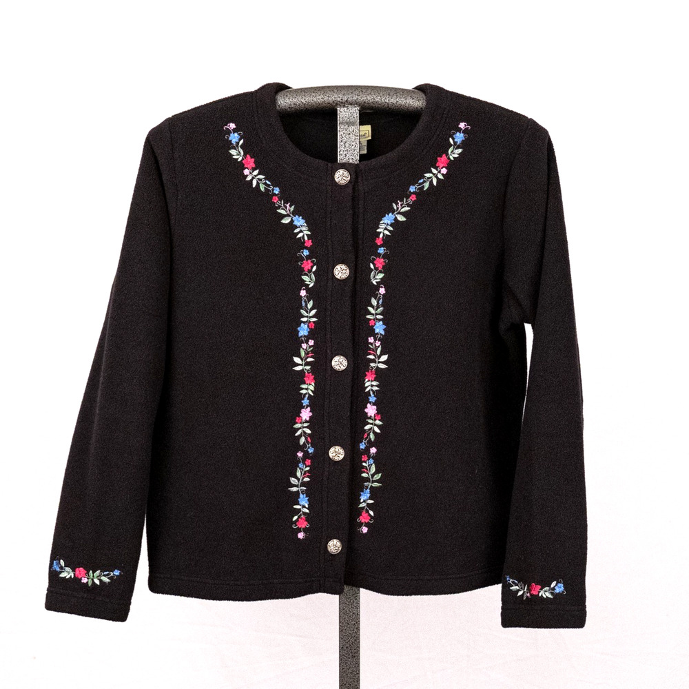 Vintage L.L. Bean Embroidered Fleece Cardigan Women's LARGE Floral Cottagecore